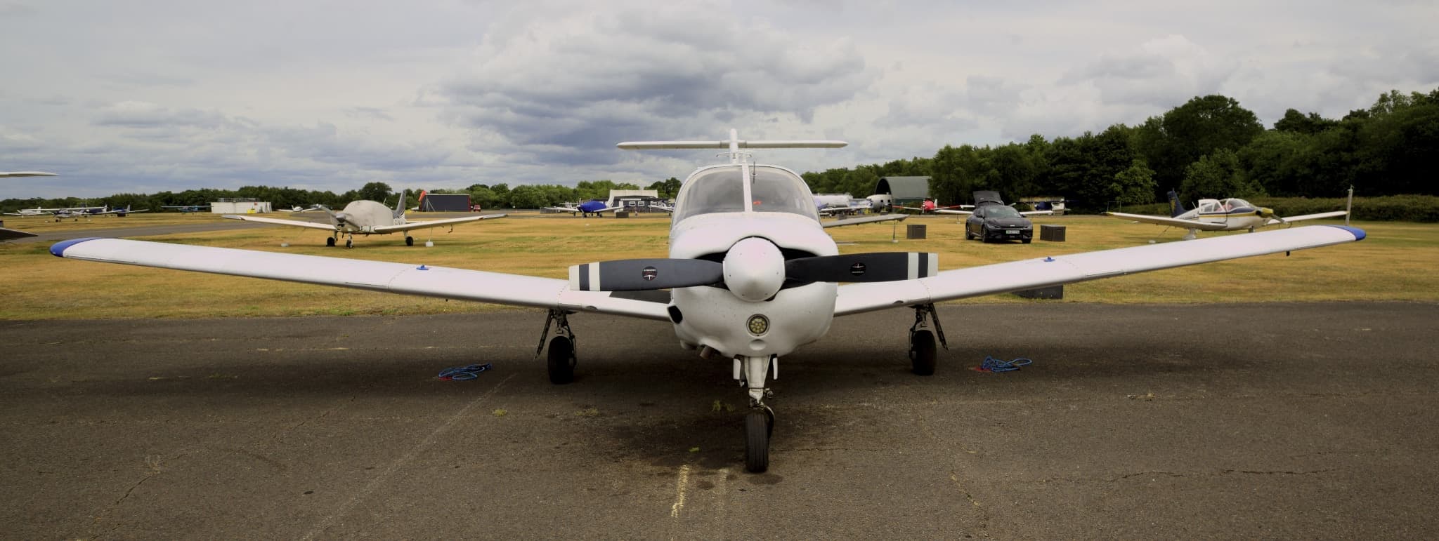 Nose-on view of G-CKYJ showing the engine and propeller